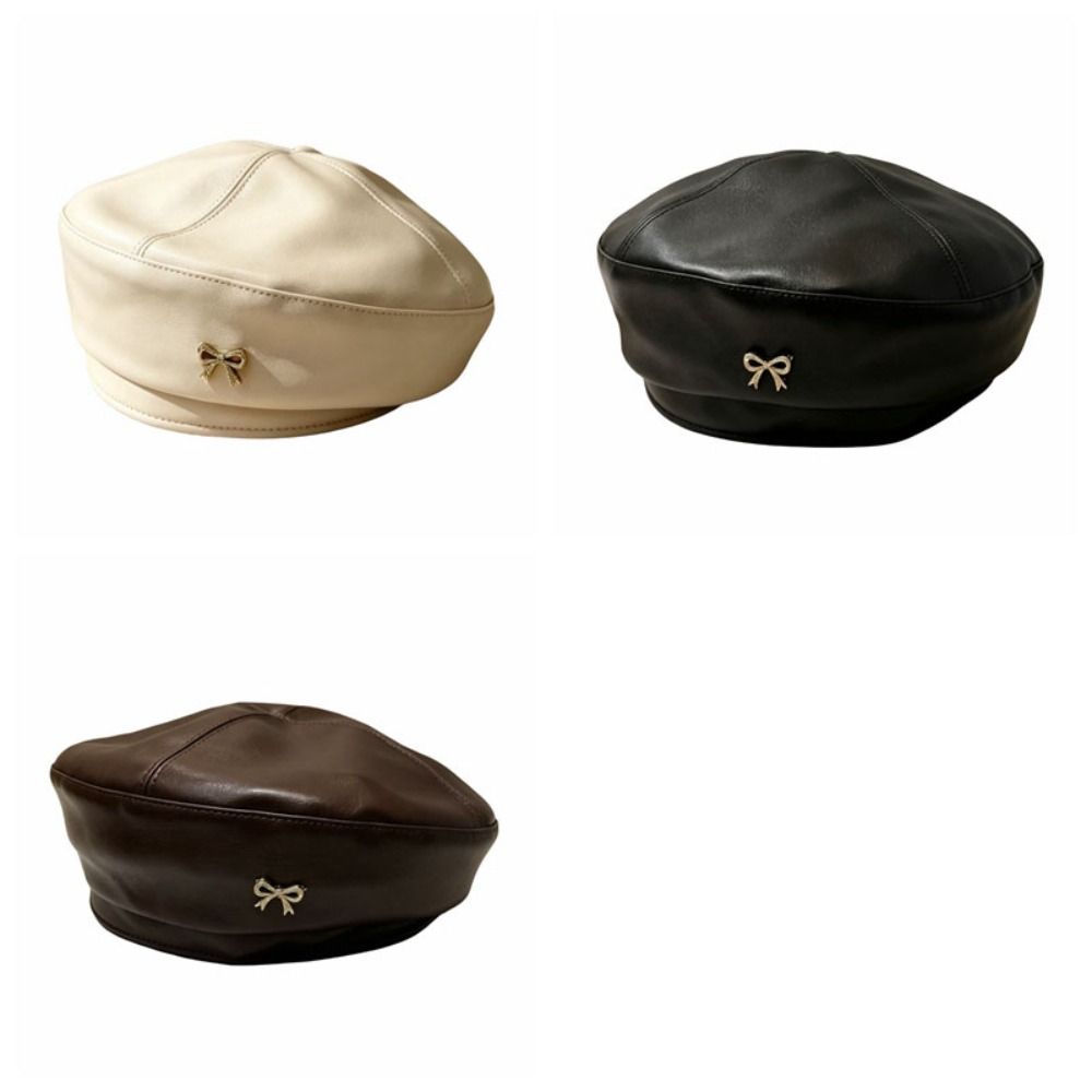 Bow Octagonal Hat Solid Color Painter Hat Fashion PU Leather Beret Ladies