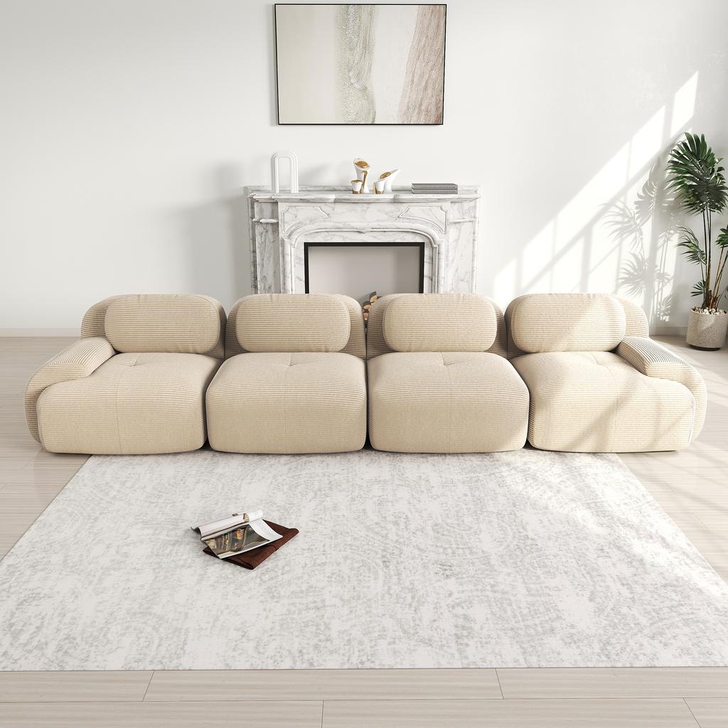 4-Seater Sofa Soft Corduroy, Frameless, 32D High-Elastic Padding, Pet-Friendly, Vacuum-Packed, Combinable, No Assembly for Bedroom and Office, Beige