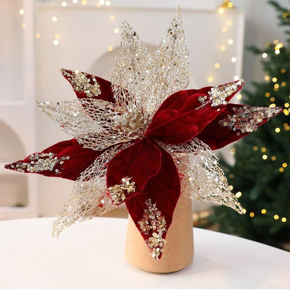 Flannel Fabric Christmas Artificial Flowers Plastic Glitter Poinsettia  Christmas Decor