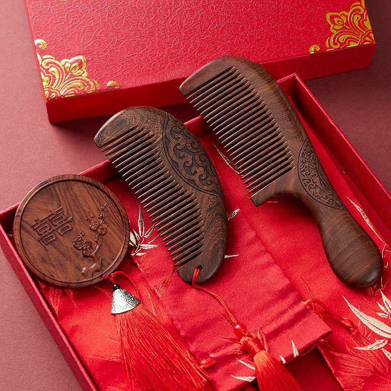Red Wedding Comb Set for Brides - Elegant Mirror and Hair Combs