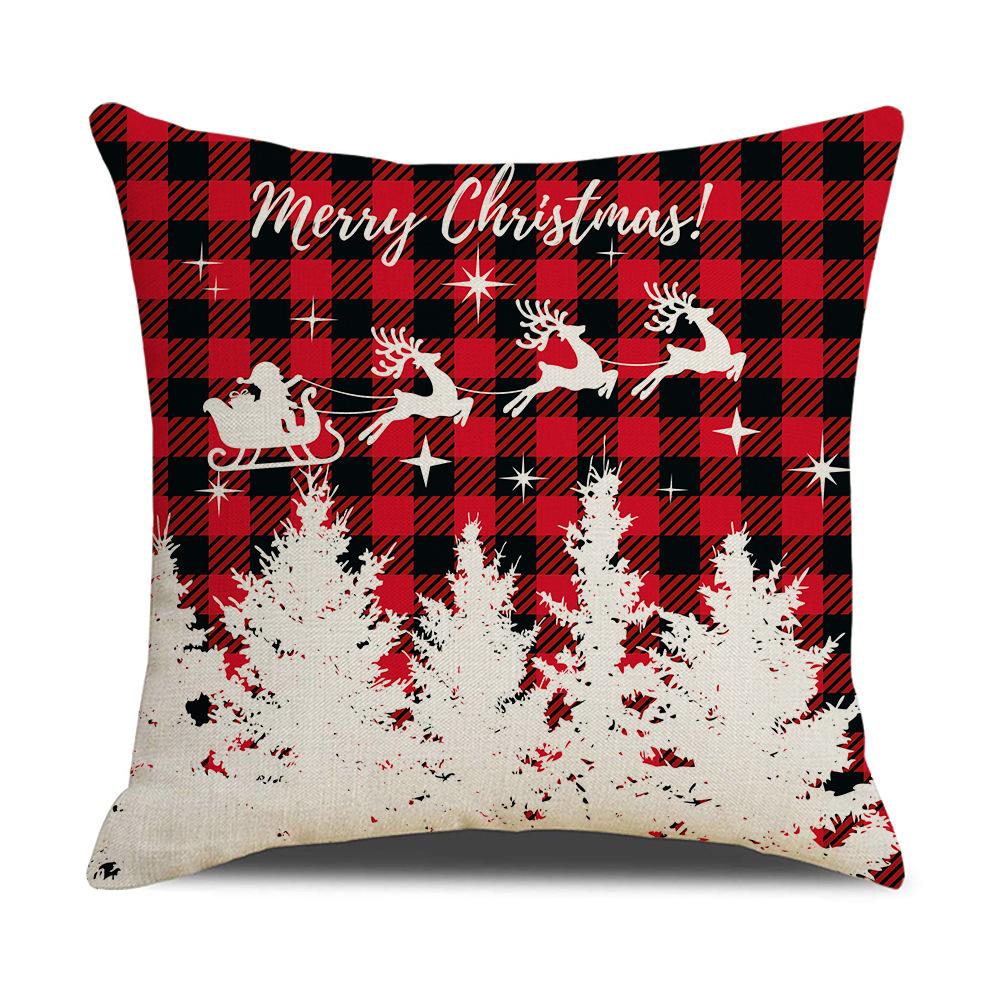 Red and Black Plaid Christmas Pillow Cover Cartoon Print Linen Sofa Cushion Cover Pillow