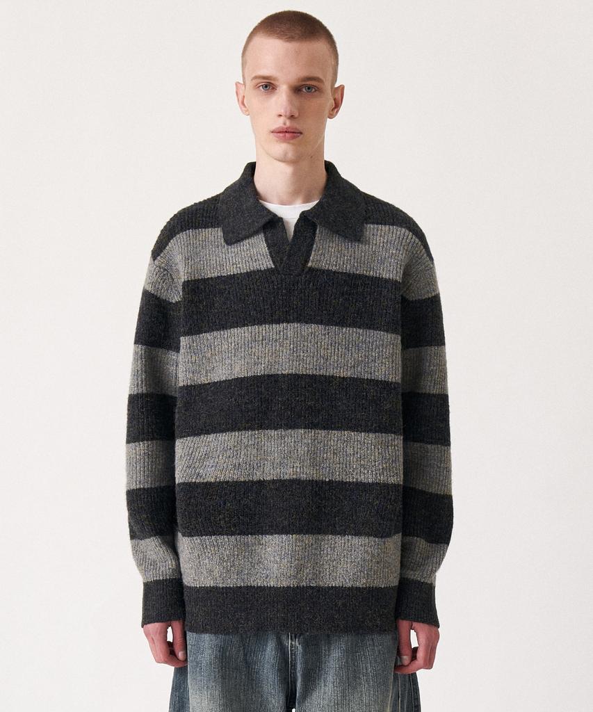 GOLDEN SUNSHINE Wool Mixed Stripe Collar Knit_Grey