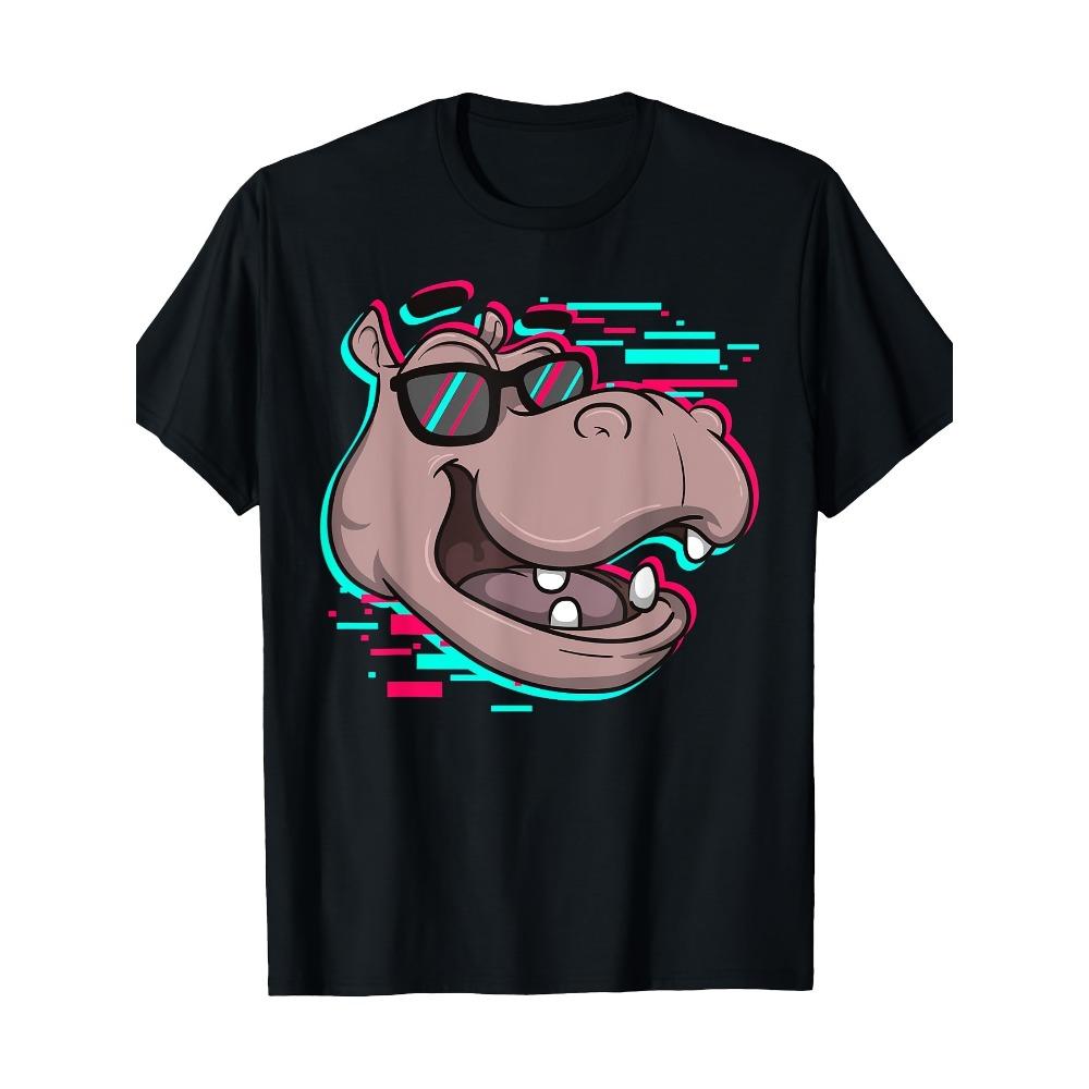 

Fashion glasses hippo pattern T-shirt breathable casual street style suitable for holidays birthdays and outdoor activities S