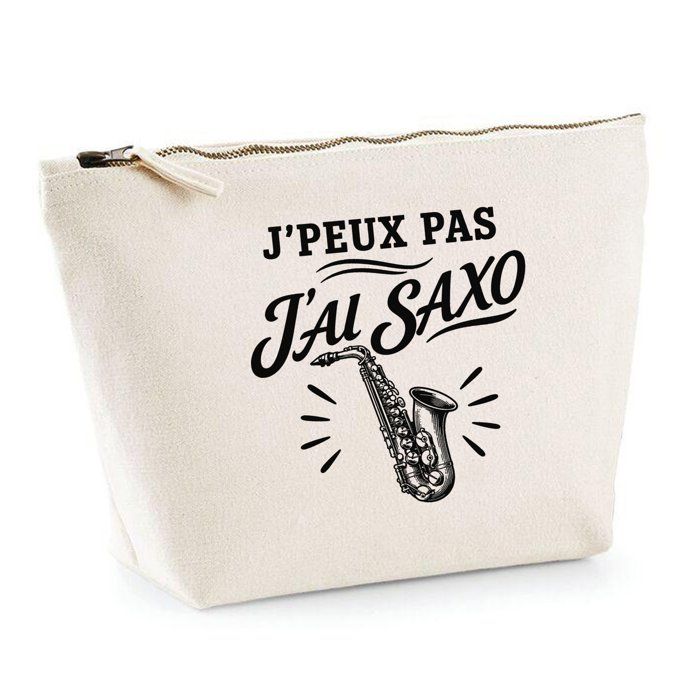 Trousse Beige J’peux pas j’ai Saxo J'peux pas minimaliste | Trousse de Toilette en Coton 3 L avec Zip Métal et Fond Plat