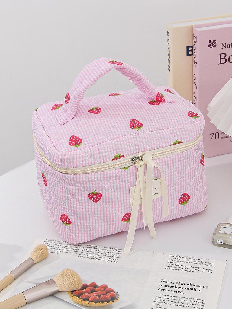 Stylish Quilted Cotton Makeup Bag with Cute Strawberry Design