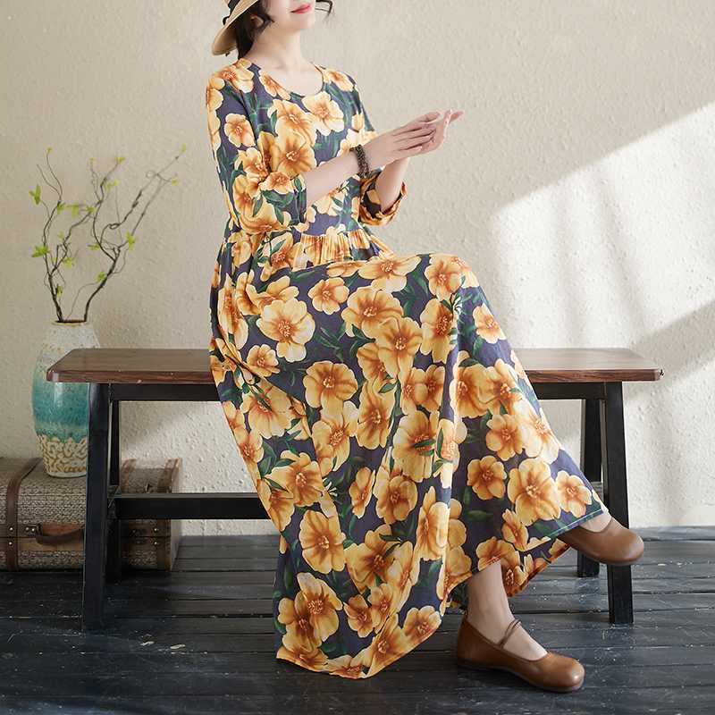 New Floral Vacation Style Travel Round Neck Vintage Long Flesh Covering Dresses