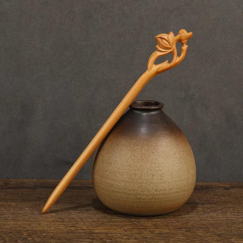 Peach Wood Double-Sided Carved Hairpin for Qipao Hanfu Updo - Ancient Style Accessory