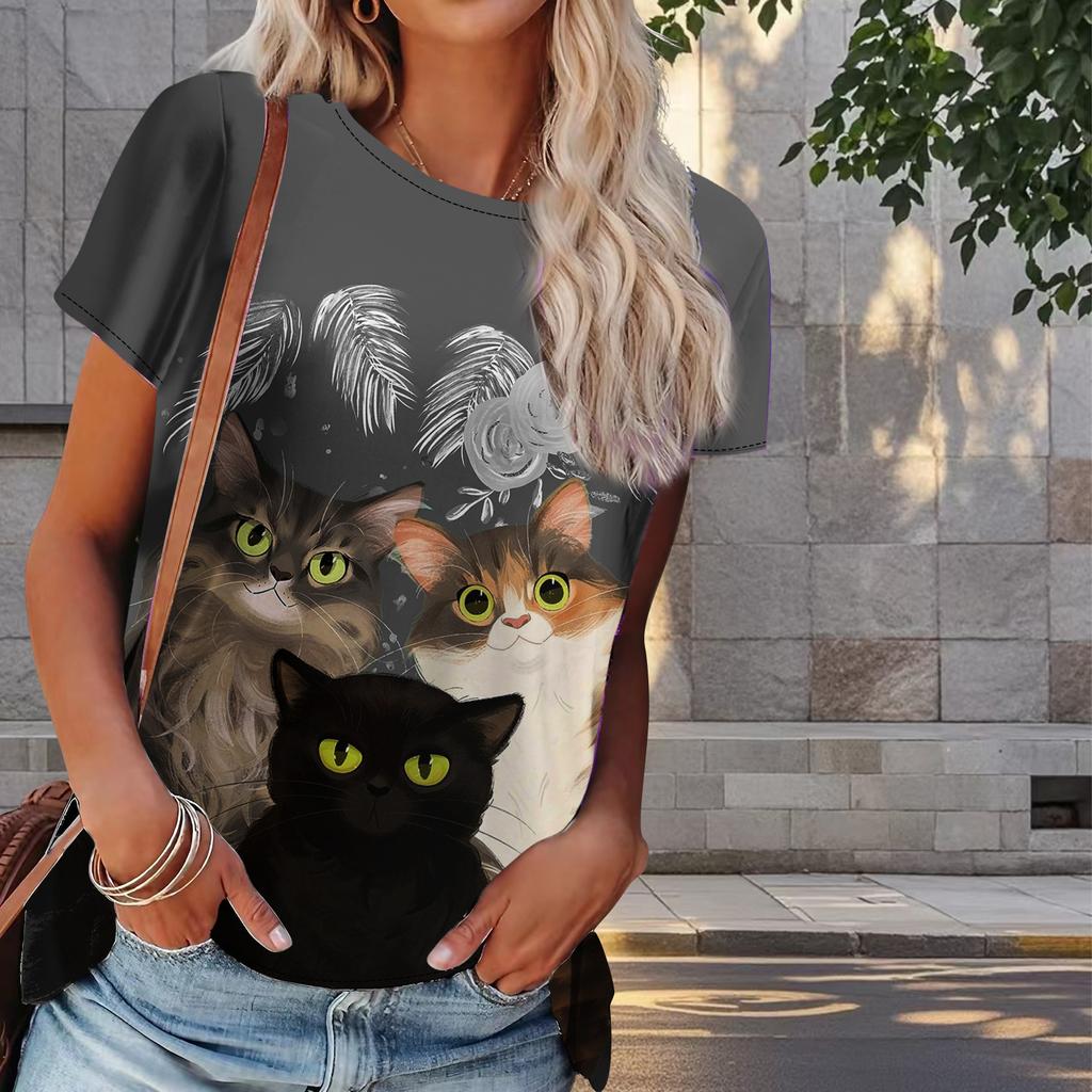 Women Summer T Shirt Kitten Print Retro Fashion Short Sleeve Tees Casual   Printed  Tops
