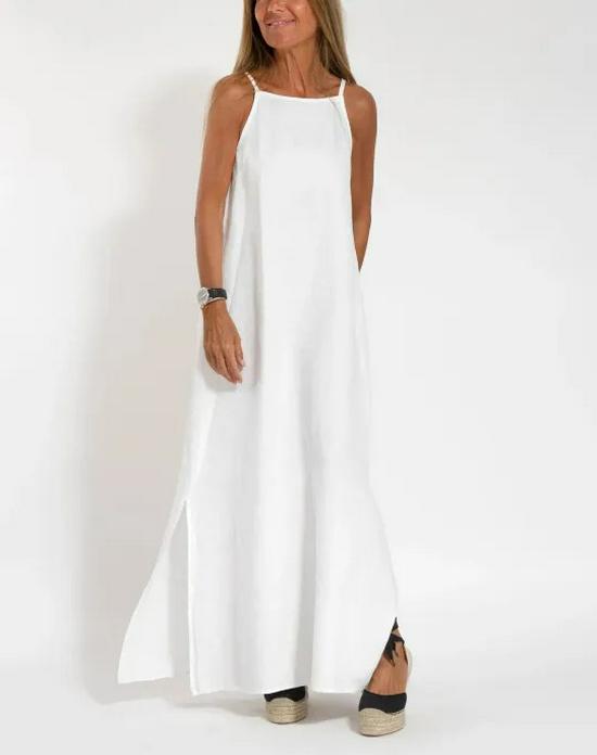 

European & American Cotton Linen Casual Slit Strap Dress XXL белый
