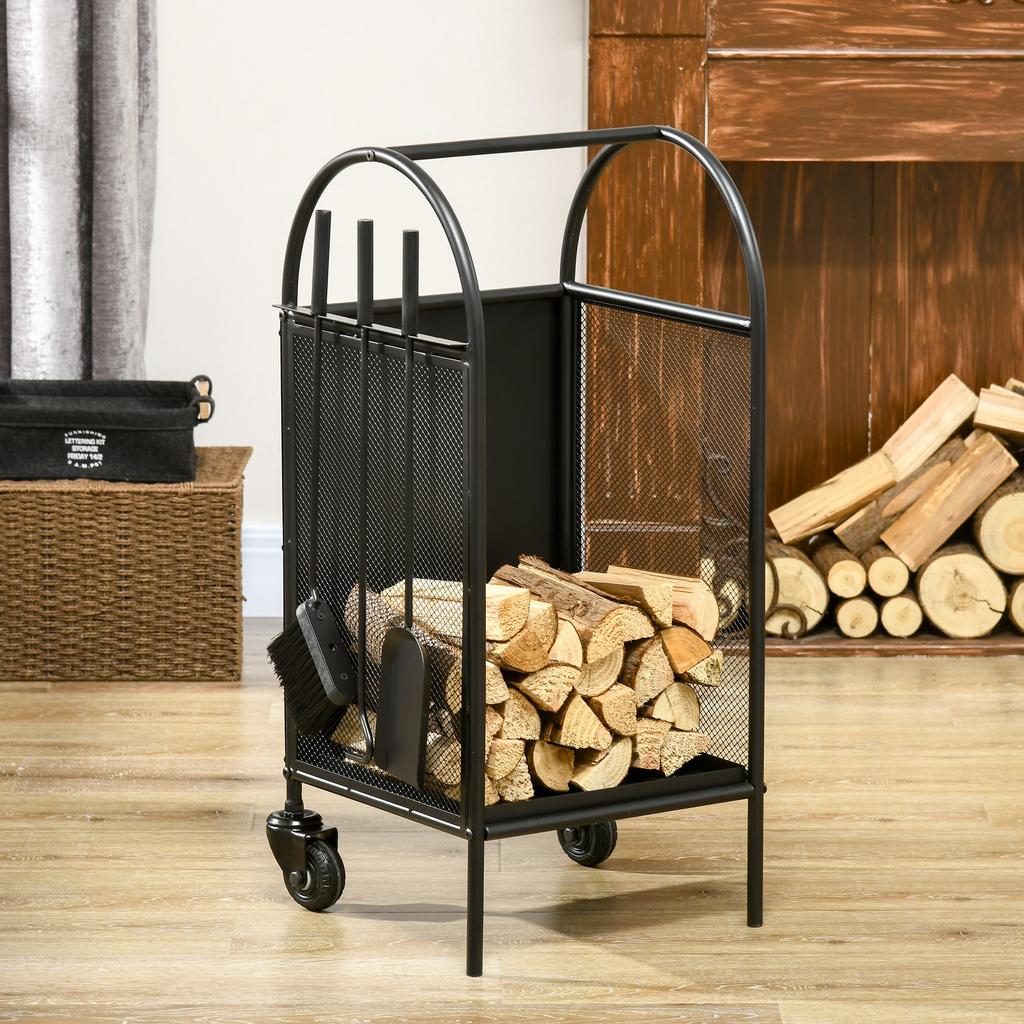 Holzregal Holzhalter auf Rädern mit Schaufel, Besen und Schürhaken Zubehör 37,5 x 37,5 x 80 cm schwarz