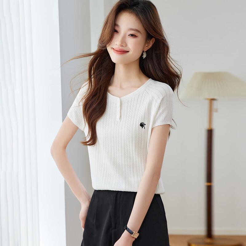 Women s Silk Blend Embroidered Knit Short-Sleeve Top L
