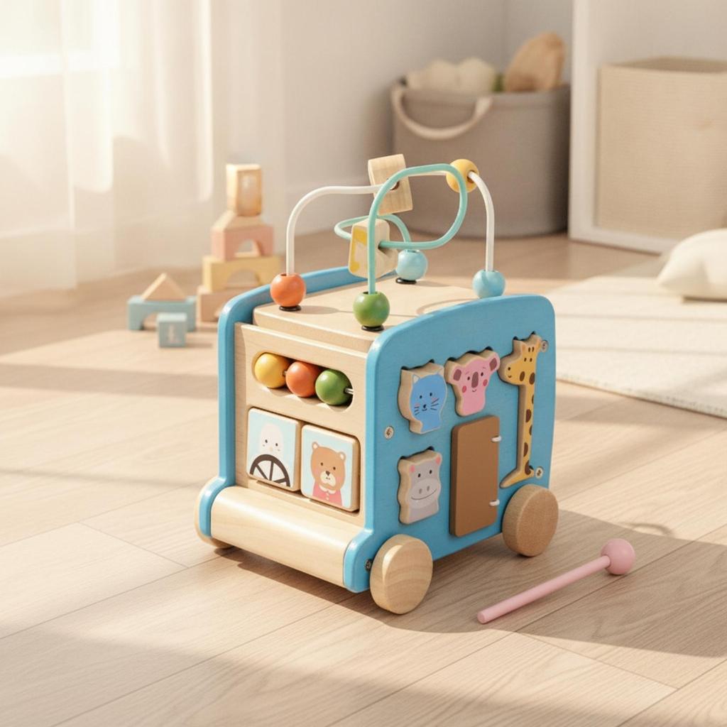 Multifunctional Wooden Bus Activity Toy Interactive Bus-Shaped