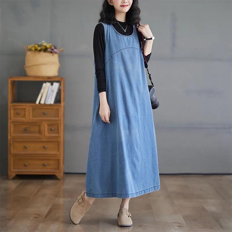 Plus Size Sleeveless Denim Vest Dress - Sweet, Casual, Blue Long Dress for Women