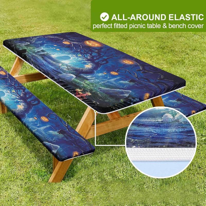 Waterproof Camping Tablecloth Set With Elastic Edge Drawstring Floral Print Rectangle Table Cover Outdoor Picnic BBQ