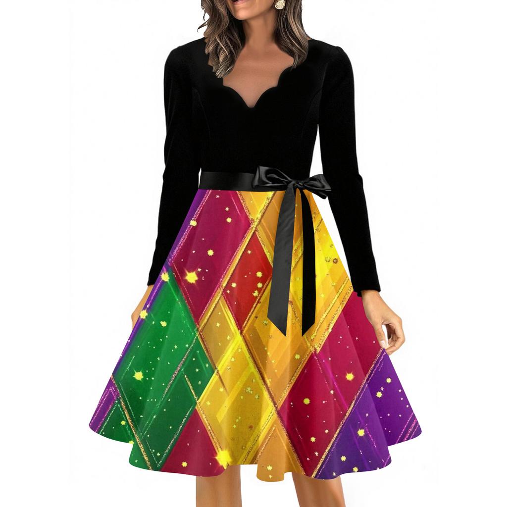 Women's Casual Fashion V Neck Long Sleeve Printed Vintage Long Dress