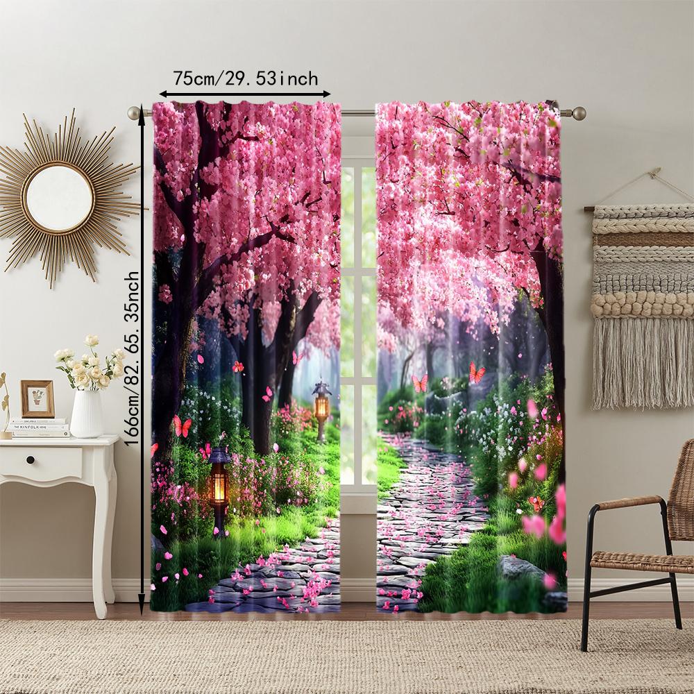 2 pcs   versatile polyester transparent curtains for home decoration Enchanting Cherry Blossom for use in bedrooms and living