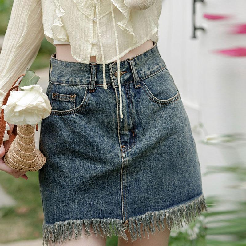 

Классическая универсальная, ноская, прочная, полуоблегающая юбка с высокой талией, А-силуэт, с кисточками, из мешковины, ретро, женская летняя модная джинсовая короткая юбка XXL синий