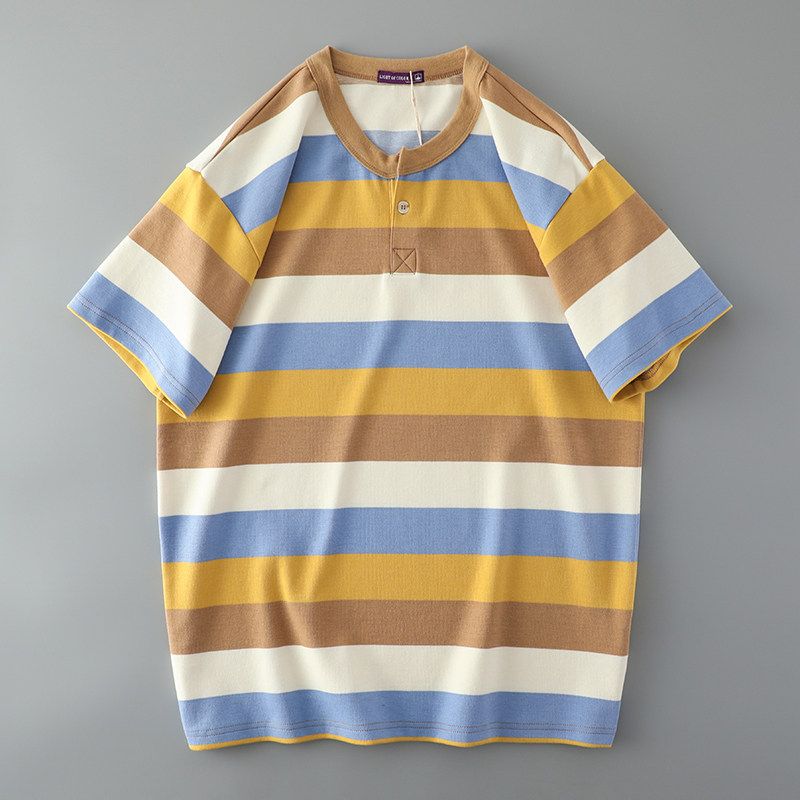 American Retro Henley Shirt Men Heavy Weight Pure Cotton Minimalist Henry Collar Stripes Short Sleeve T-shirt Export Menswear T-shirt