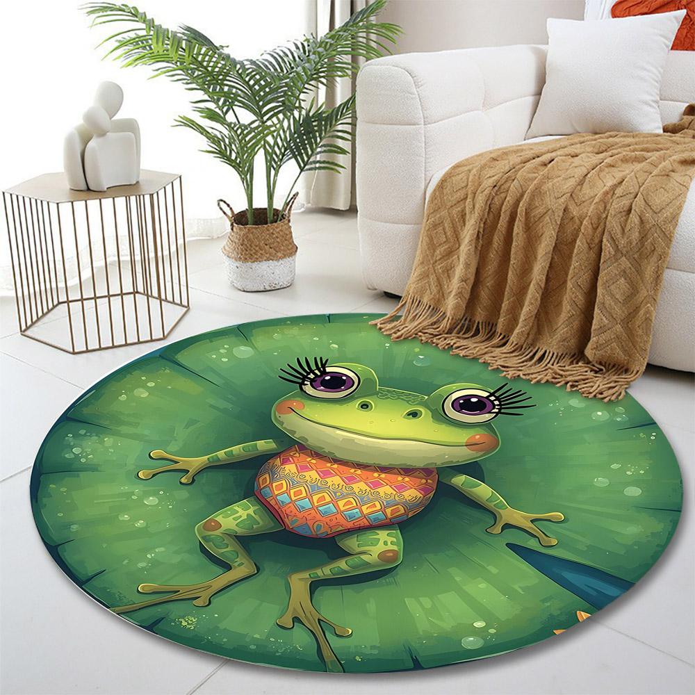 Colorful Frog On Green Lily Pad Print Round Rug, Living Room, Bedroom, Playroom Carpet, Non Slip Floor Mat, Gift