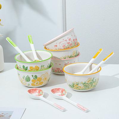 Cartoon Rabbit Bear Ceramic Bowls and Spoons Set For Kids Creative Flower Pattern Bowl Ceramic Tableware Children's Bowl Spoon