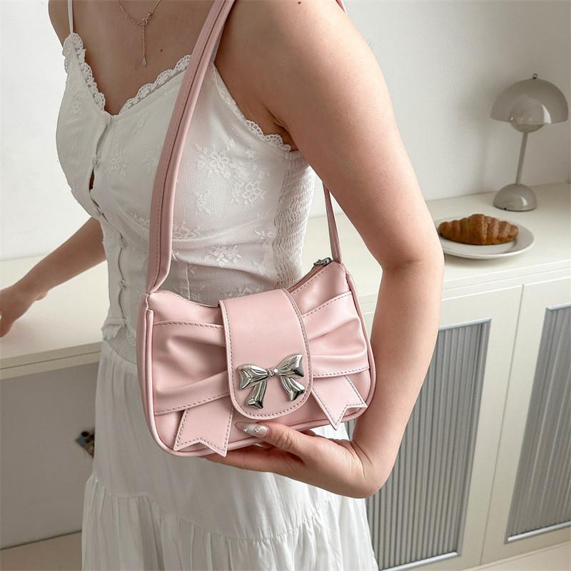 Stylish Modern Bowknot Chain Mini Shoulder Handbag For Women In Black White Pink Khaki Silver Brown