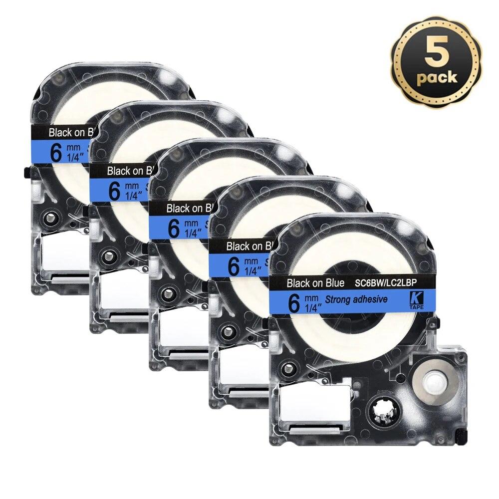 5 Packungen 6 mm mehrfarbige Etiketten, kompatibles Epson-Etikettenband SS6KW LC-2WBN9 SC6YW SC6BW SC6RW für Kingjim Epson-Drucker LW300 LW400