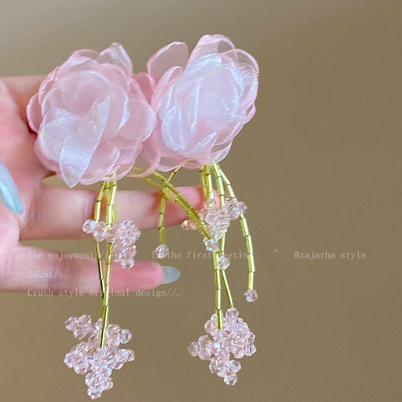 

Handmade Beaded Tassel Flowers Stud Earrings Women s Super Hot Seaside Vacation Style Dopamine Earrings Eye-Catching Accessories Earrings Handmade Beaded Pink Crystal Tassel
