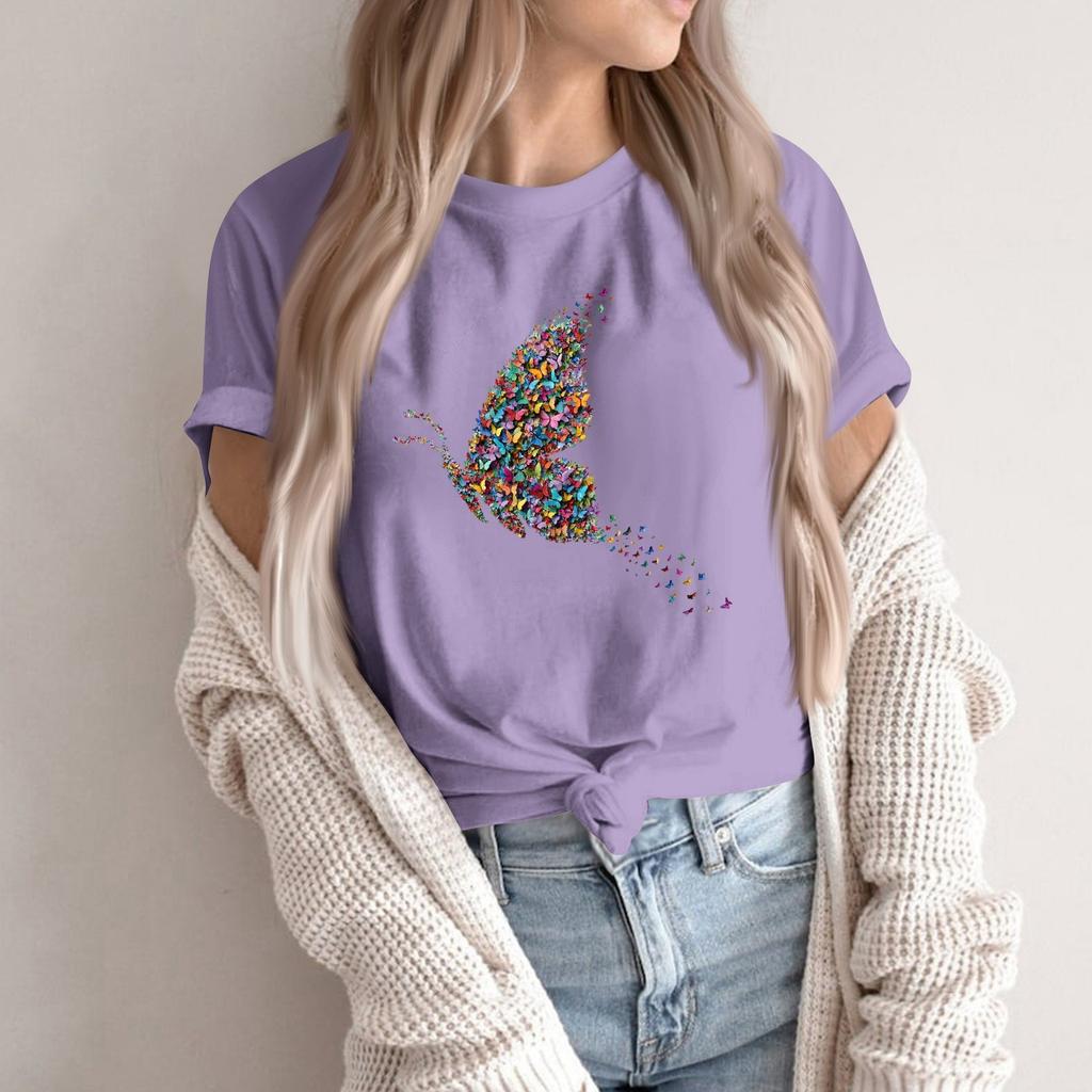 Women's Fashion Casual Printed Round Neck Short Sleeved Pullover T-Shirt Top