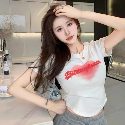 Camiseta estampada con carta de amor para mujer, verano, nuevo estilo, ins, diseño ajustado y corto, nicho, manga corta