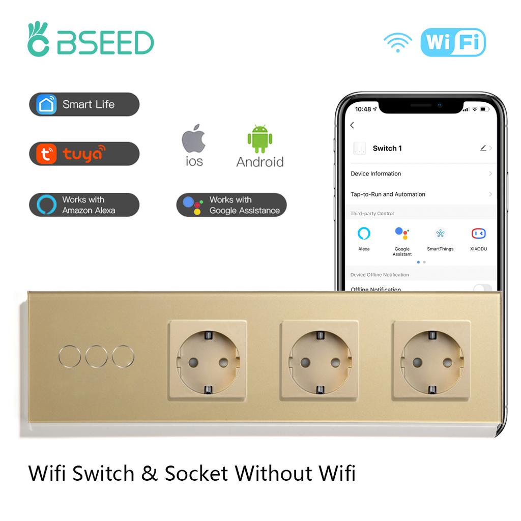BSEED Wifi 1/2/3/4Gang Touch Light Switches Tuya Smart Life App Control Plus Triple Normal Sockets EU Standard Glass Panels
