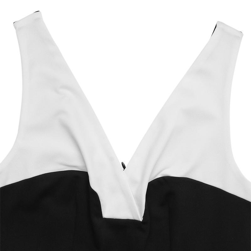 VEZFAA Women's Fashiaon Casual Summer Spring Colour Block Print Sleeveless V-Neck High Waist Trousers Jumpsuits & Rompers