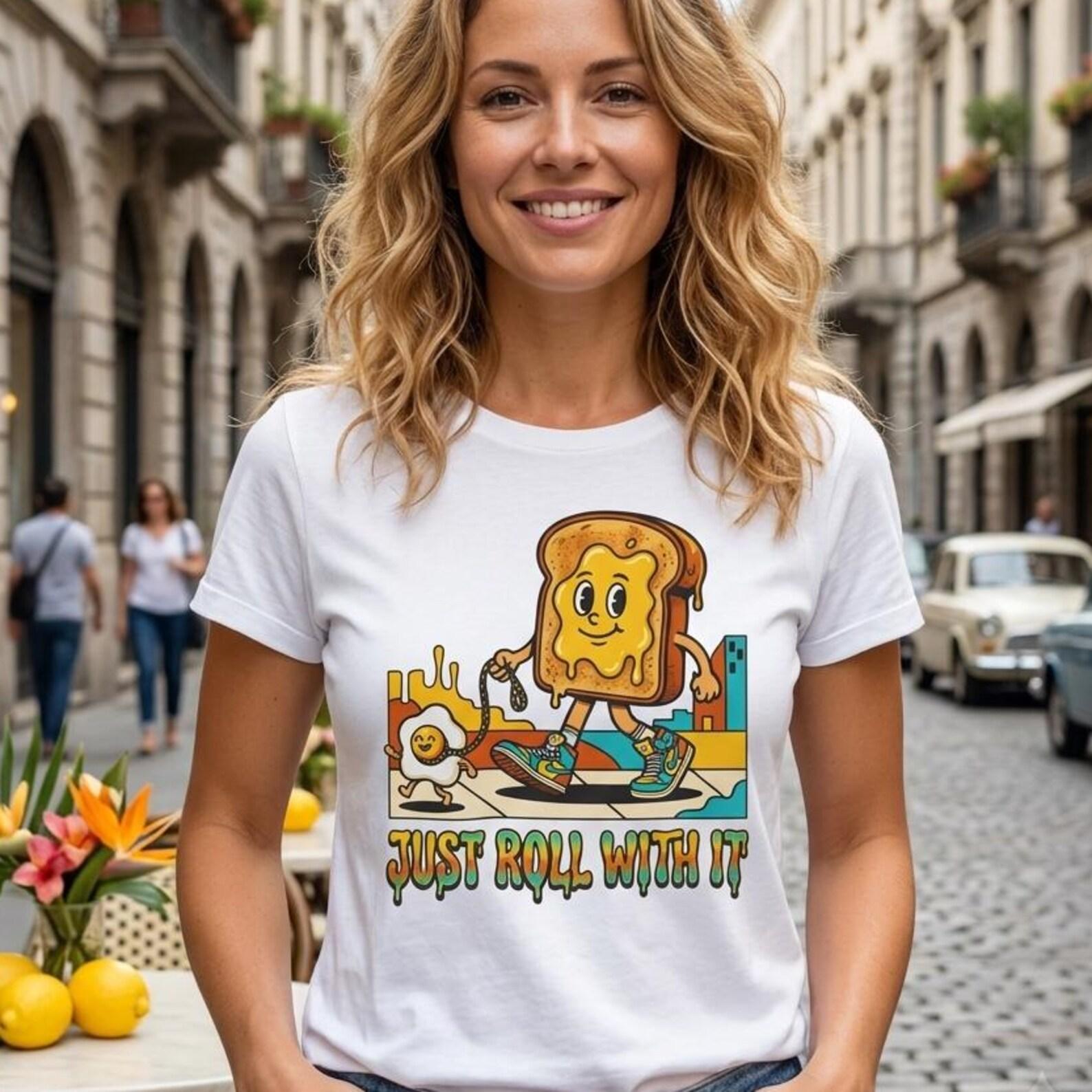 Just Roll With It Toast Skater Cartoon Tee | Funny Food Humor Graphic Shirt 3XL