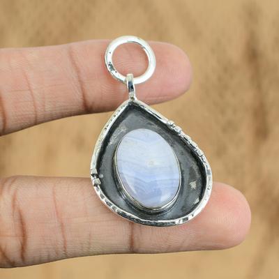 Geschenk für Frauen Anhänger 925 Sterlingsilber Natürlicher Blauer Spitzenachat Edelstein