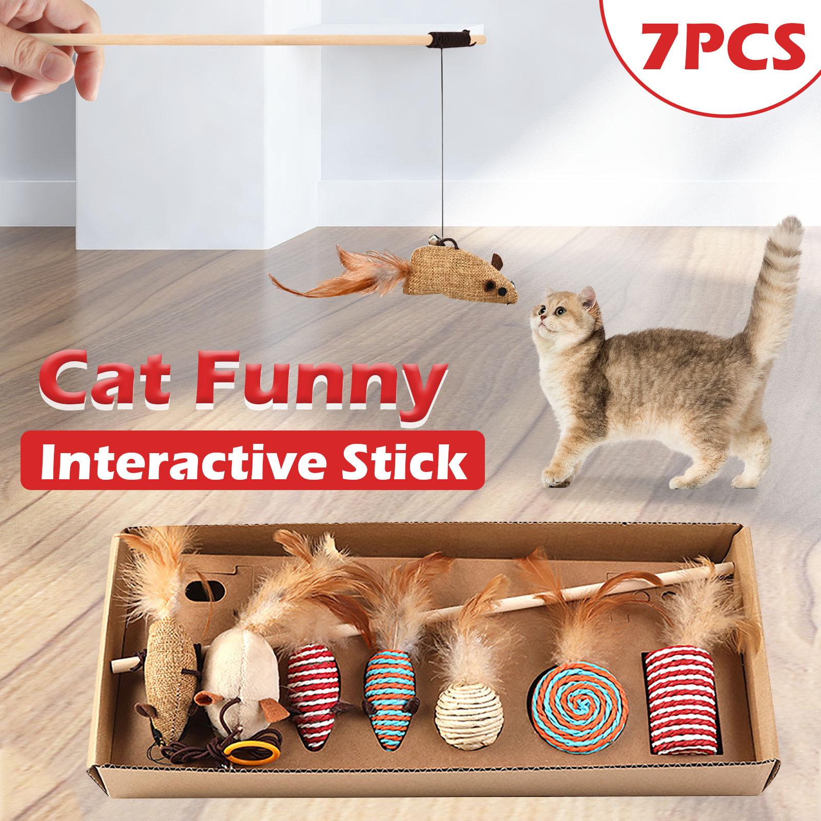 

7PCS/ Set Pet Cat Funny Interactive Stick Bell Mouse Feather Cat Rods Stick Toy