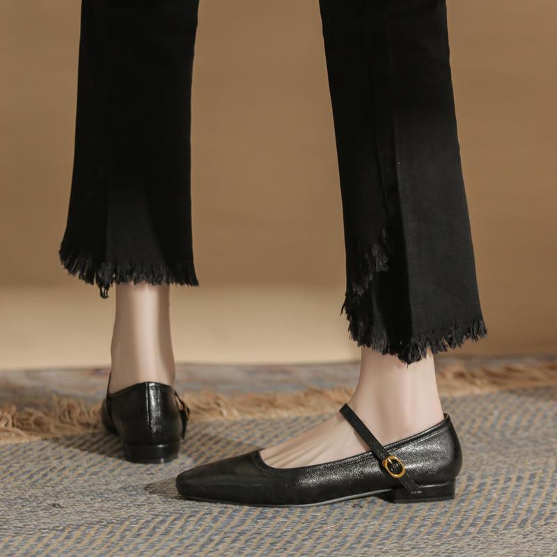 Fashion High Quality Leather Mary Janes Shoes Woman Buckle Belt Flats Small Square Toe Loafers Big Size 34-43 Zapatos De Mujer Ofertas