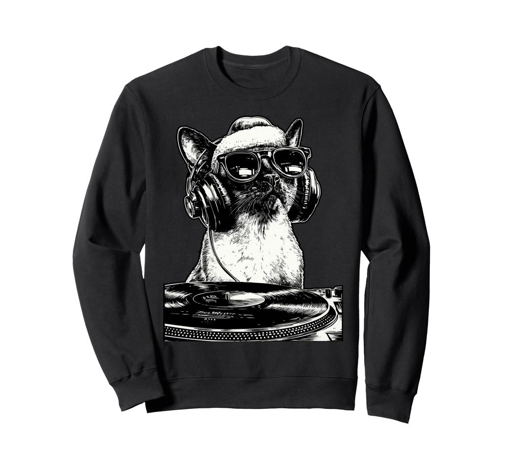 Siamese Cat DJ with Sunglasses and Santa Hat, Christmas Music Sweatshirt