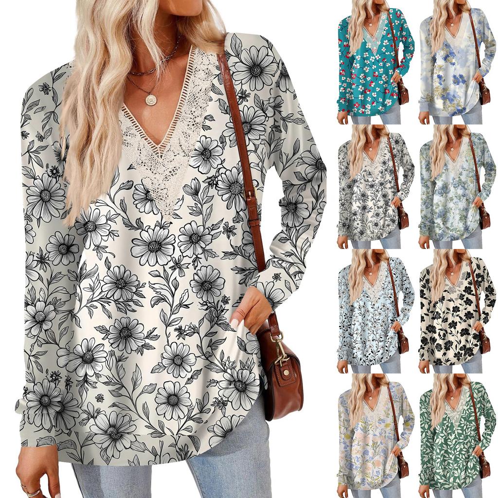 Womens Tops Loose V-neck Contrast Color Split Loose Long Sleeve T-shirt Women's Tops