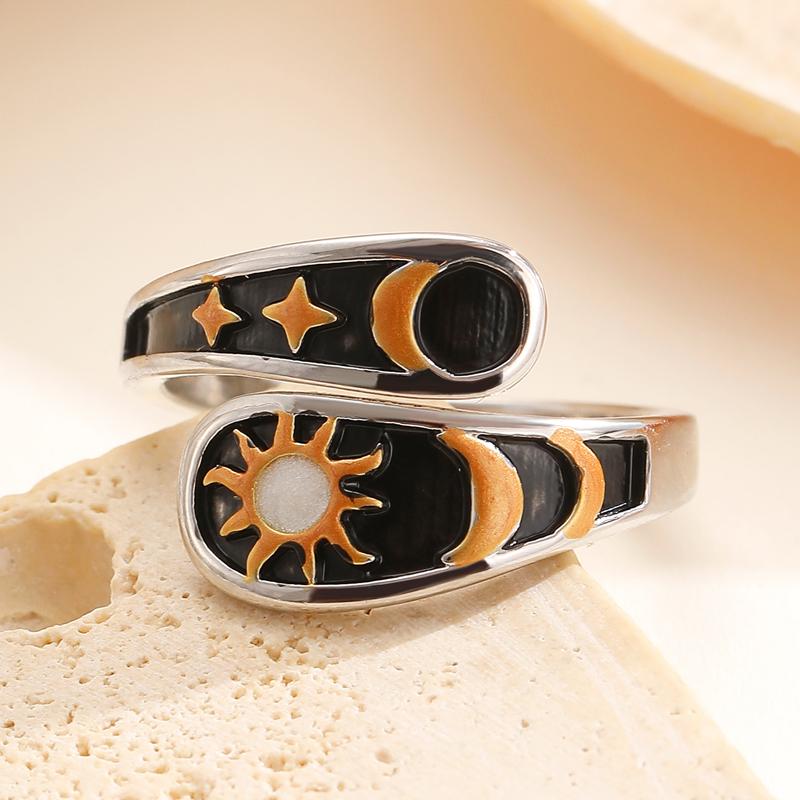 

2026 New Trendy Drip Oil Moon Star Sunflower Open Rings for Women Men Punk Four Star Finger Ring Gothic Zircon Accessories чорний