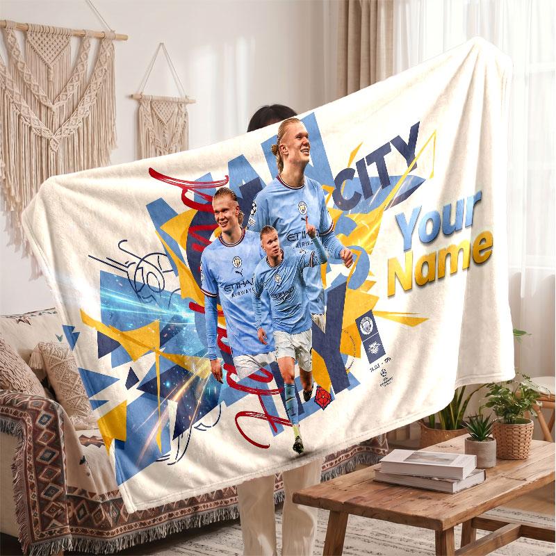 Erling Haaland Personalized Fleece Blanket With Football Logo, Custom Name Text Soft Warm Home Throw Blanket