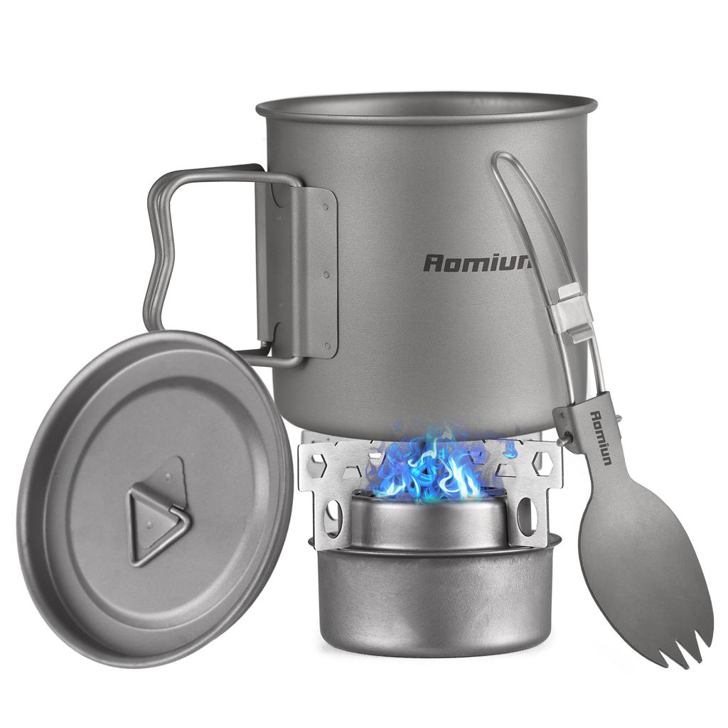 Kempingová sada na vaření Ti 500ml Hrnek Vidlička Lžíce Alkoholový vařič Křížová podpěra Přenosné kempingové sady na vaření pro 1 osobu