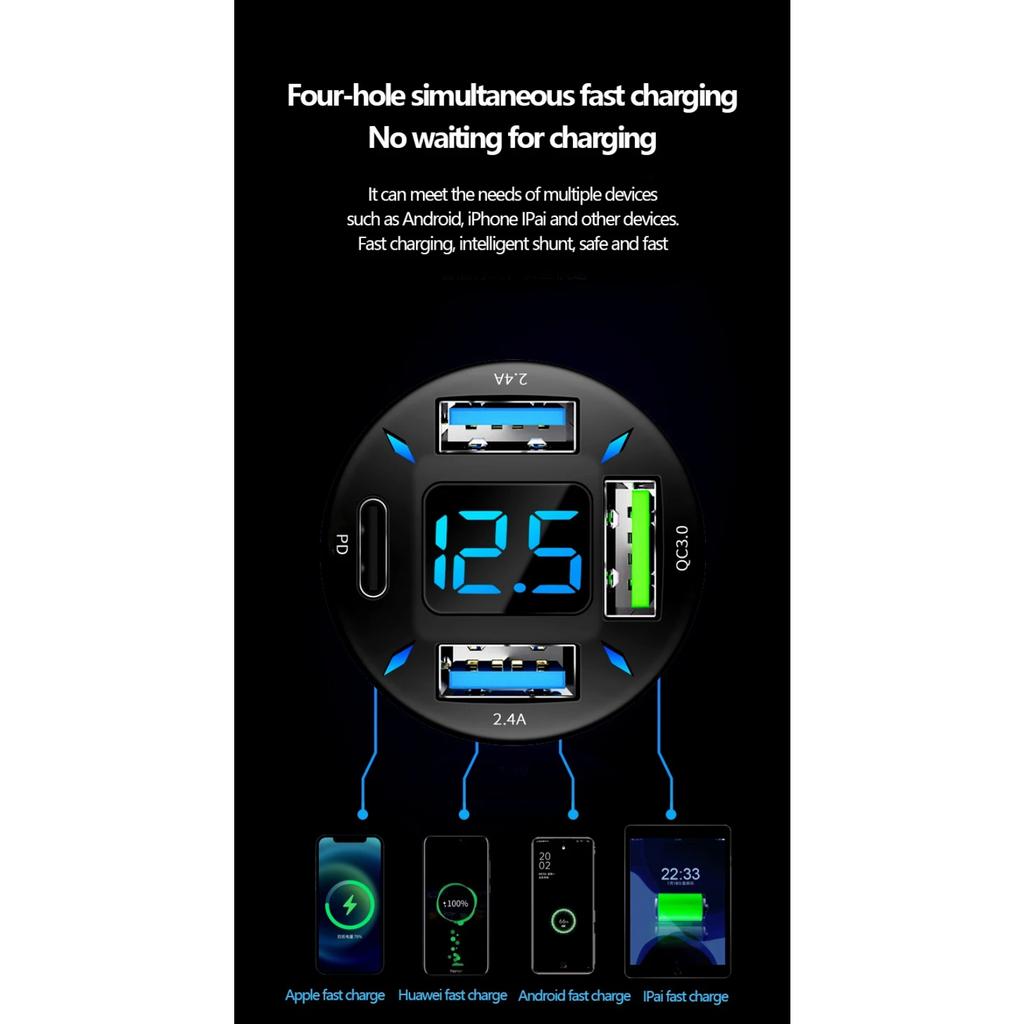 4-in-1 USB-Autoladeger Schnellladung 4,8A Adapter LED-Anzeige Telefon Tragbares Ladegerät für IPhone16 15 14 Xiaomi Samsung Huawei