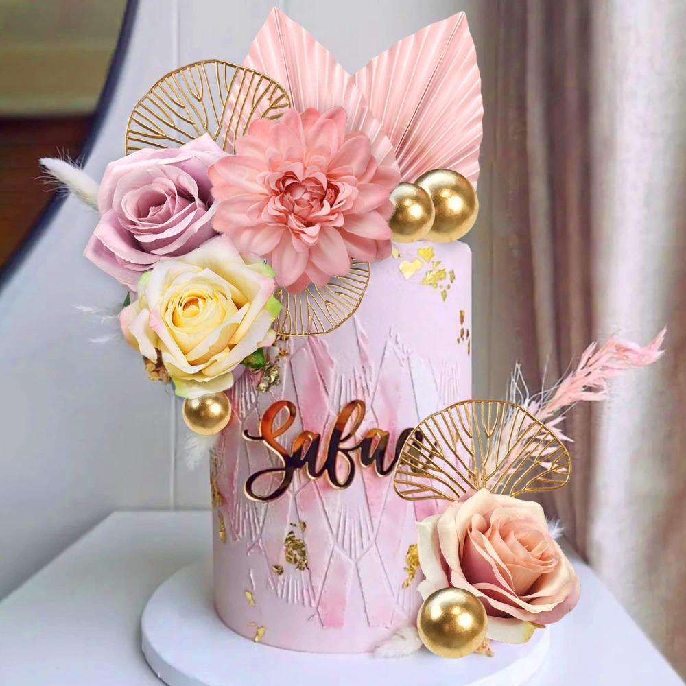 12 Stück Boho Kuchenaufsatz Blume Kuchenaufsatz Rosa Palmenblätter Kuchen Dekorationen mit Künstlicher Rose Ginkgo Blättern und Kugeln