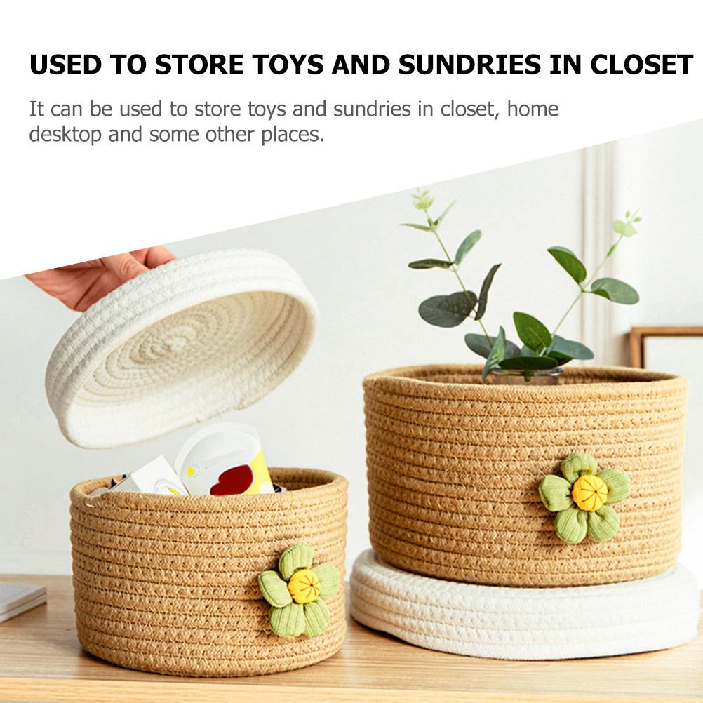 Lidded Woven Cotton Rope Basket Large Capacity Multipurpose Storage Container for Closet Desktop Bedroom Office Sundries