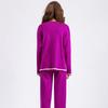 Autumn Winter Contrast Color Open Fork Full Sleeve Knit Suit High Waist Wide Leg Trousers Two Piece Sets