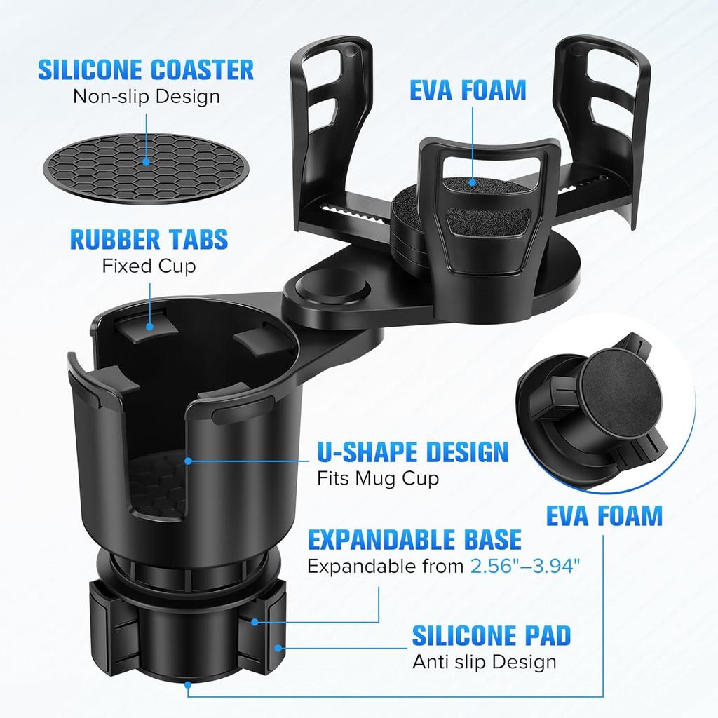 Car Cup Holder Expander, Universal 2 in 1 Large Cupholder Expander Adapter for Car with Adjustable Base, Fits Large Bottles, Snack, Drinks Cups,