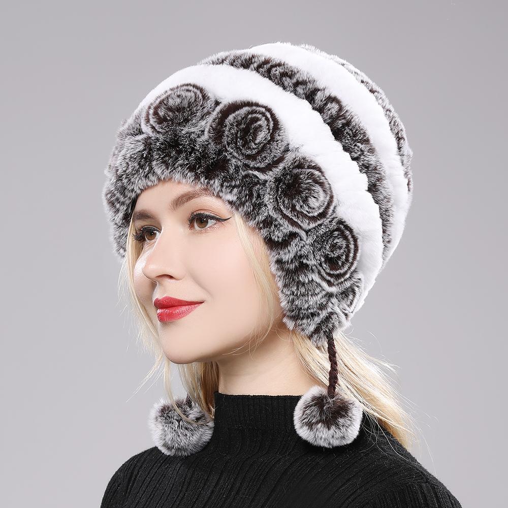 Winter Hats for Girls Women's Fur Hat Real Rex Rabbit Cap Floral Knitted Hat with Balls Skulls Beanies 55-59cm