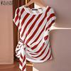 ZANZEA Women Casual O-neck Stripe Print Loose Short Sleeve Blouse