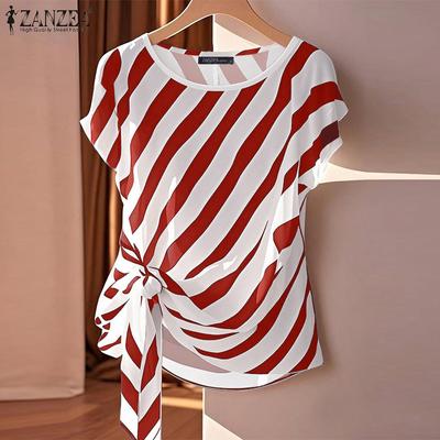 Women Casual Round Neck Short Sleeve Lace Up Stripe Blouse