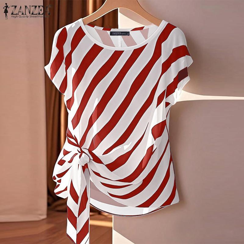 ZANZEA Women Casual O-neck Stripe Print Loose Short Sleeve Blouse