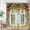 Green Vines Brick Wall Shower Curtain Pink Flowers European Garden Arch Door Bathroom Decorations Vintage Bath Curtain with Hook